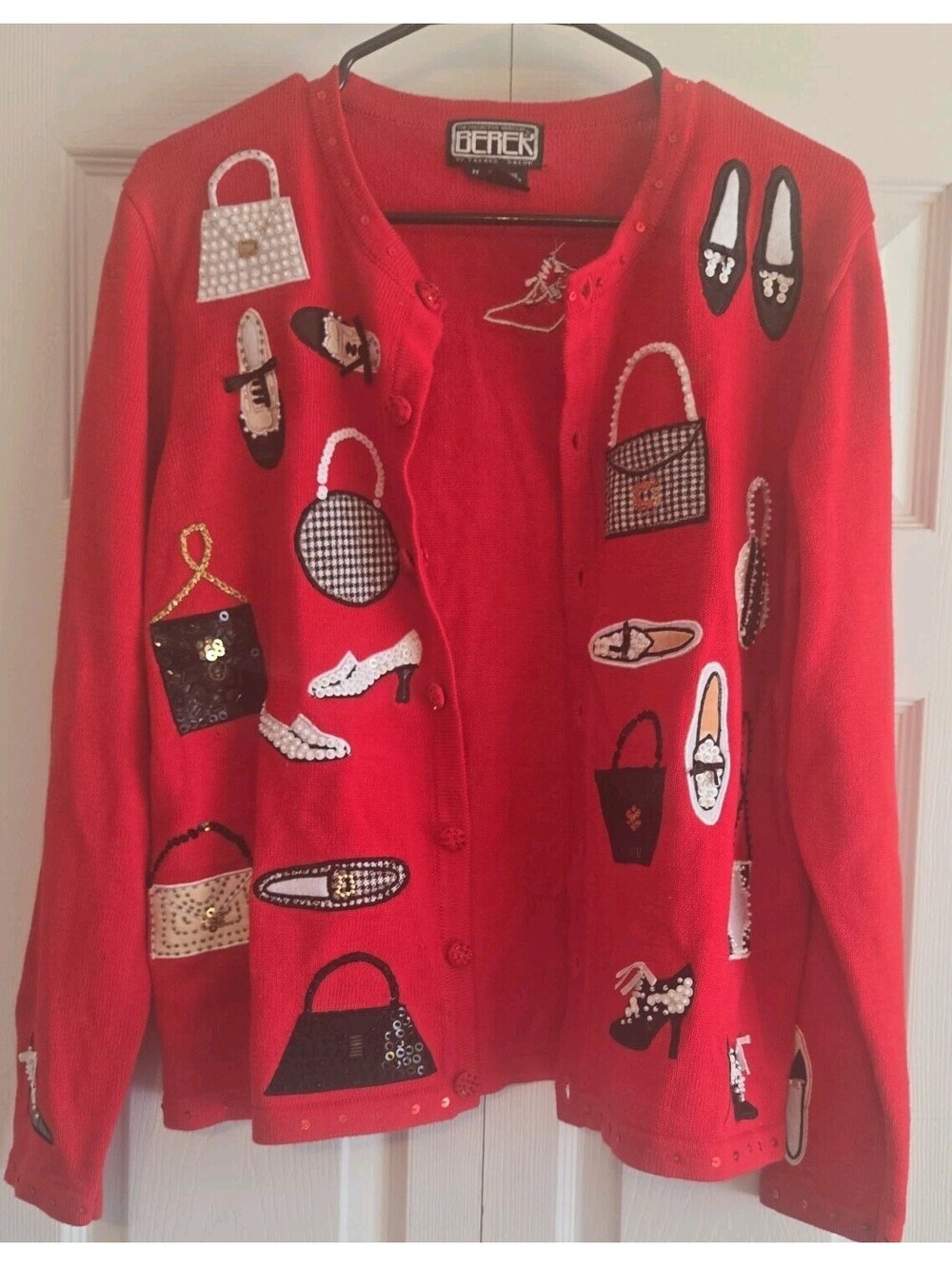 Vtg Berek Takako Sakon Cardigan Sz M Red Knit Cotton Blend Embelished Fashion